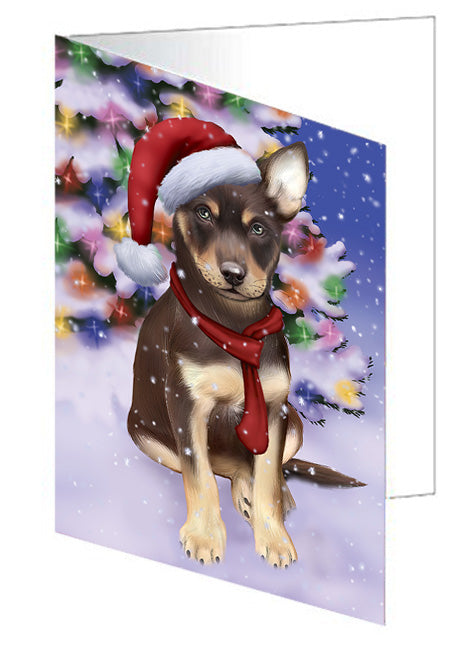 Winterland Wonderland Australian Kelpie Dog In Christmas Holiday Scenic Background  Handmade Artwork Assorted Pets Greeting Cards and Note Cards with Envelopes for All Occasions and Holiday Seasons GCD64112