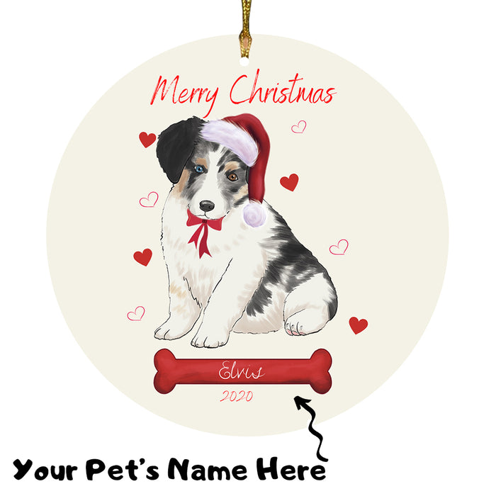 Personalized Merry Christmas  Australian Shepherd Dog Christmas Tree Round Flat Ornament RBPOR58903