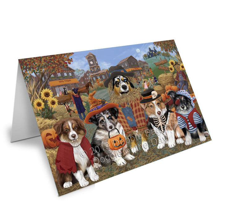 Halloween 'Round Town Australian Shepherd Dogs Handmade Artwork Assorted Pets Greeting Cards and Note Cards with Envelopes for All Occasions and Holiday Seasons GCD77741