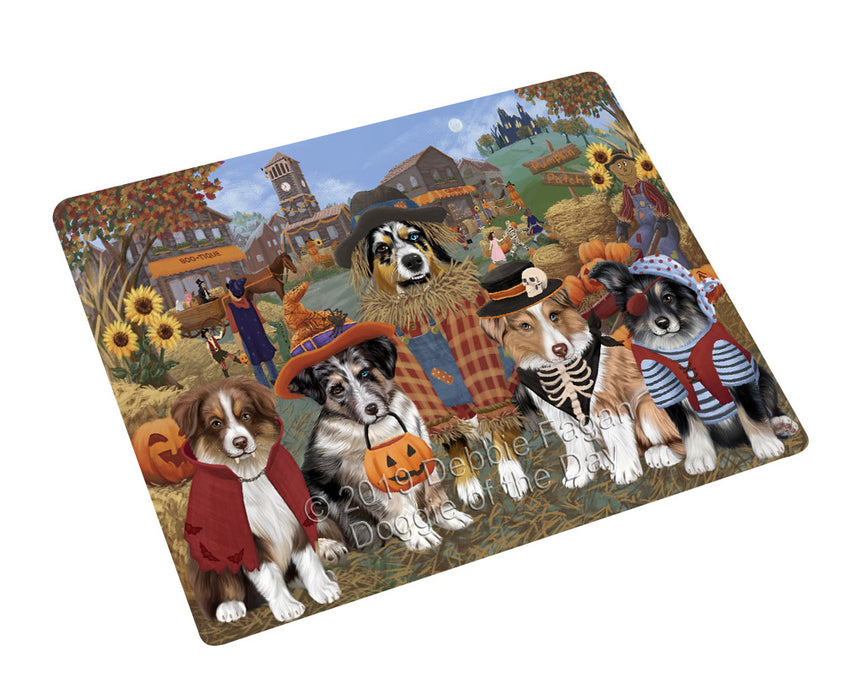 Halloween 'Round Town And Fall Pumpkin Scarecrow Both Australian Shepherd Dogs Cutting Board C77026