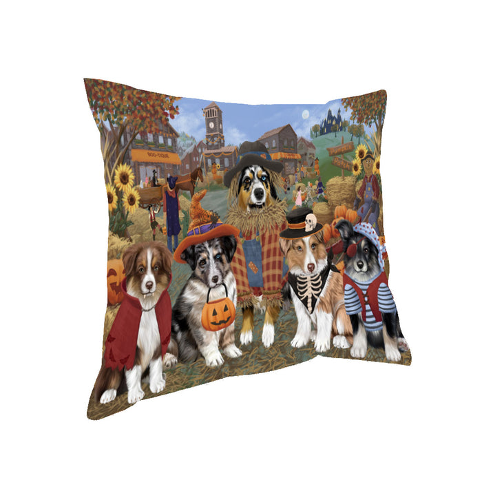 Halloween 'Round Town And Fall Pumpkin Scarecrow Both Australian Shepherd Dogs Pillow PIL82260