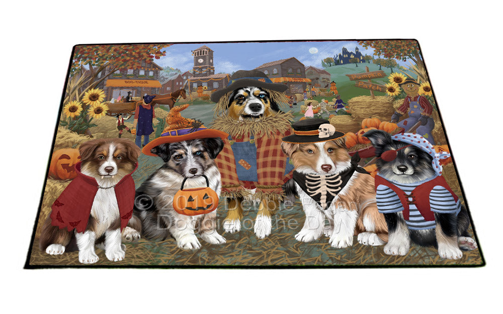 Halloween 'Round Town And Fall Pumpkin Scarecrow Both Australian Shepherd Dogs Floormat FLMS53840