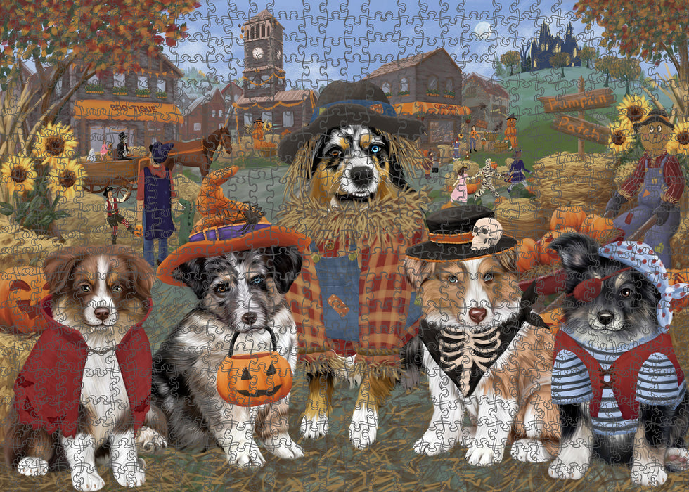 Halloween 'Round Town And Fall Pumpkin Scarecrow Both Australian Shepherd Dogs Puzzle with Photo Tin PUZL96168