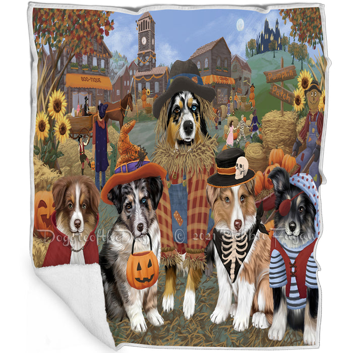 Halloween 'Round Town And Fall Pumpkin Scarecrow Both Australian Shepherd Dogs Blanket BLNKT138647