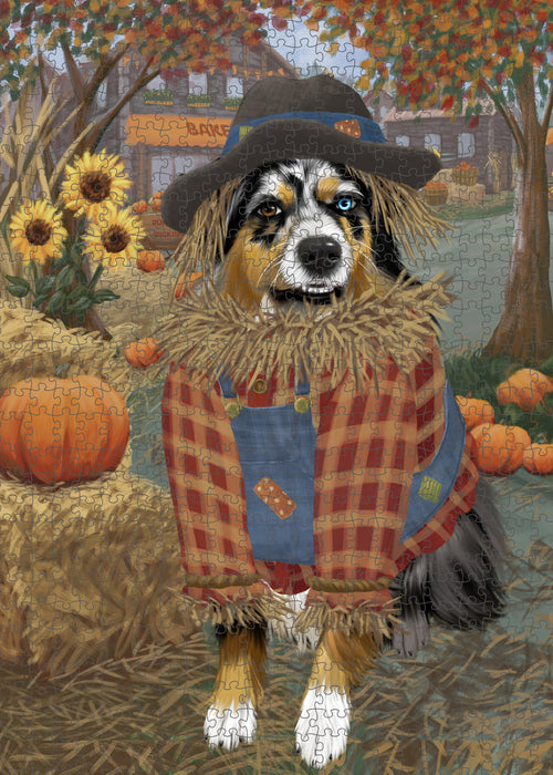 Halloween 'Round Town And Fall Pumpkin Scarecrow Both Australian Shepherd Dogs Puzzle  PUZL96412