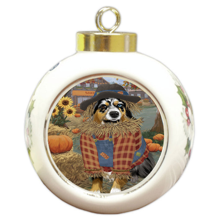 Halloween 'Round Town And Fall Pumpkin Scarecrow Both Australian Shepherd Dogs Round Ball Christmas Ornament RBPOR57430