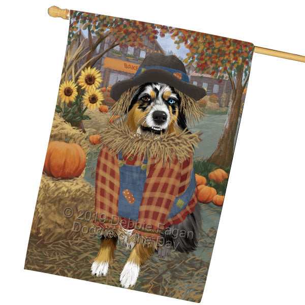 Halloween 'Round Town And Fall Pumpkin Scarecrow Both Australian Shepherd Dogs House Flag FLG65682