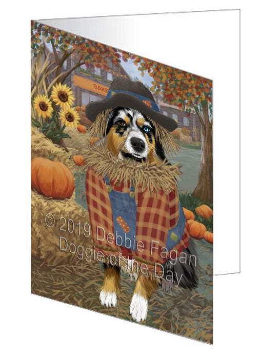 Fall Pumpkin Scarecrow Australian Shepherd Dog Handmade Artwork Assorted Pets Greeting Cards and Note Cards with Envelopes for All Occasions and Holiday Seasons GCD77924