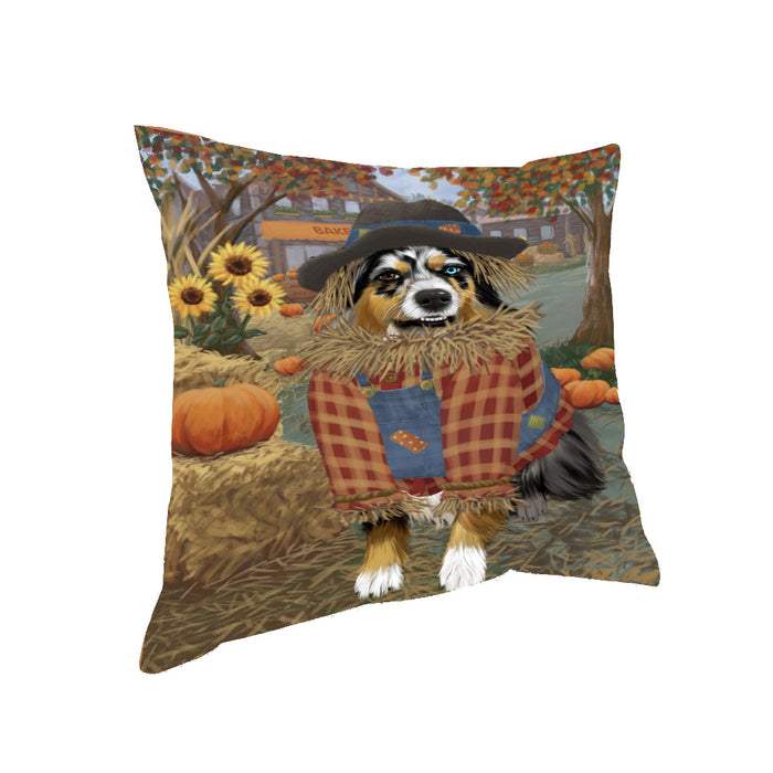 Halloween 'Round Town And Fall Pumpkin Scarecrow Both Australian Shepherd Dogs Pillow PIL82504