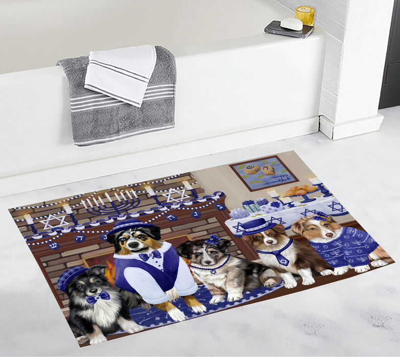 Happy Hanukkah Family and Happy Hanukkah Both Australian Shepherd Dogs Bath Mat