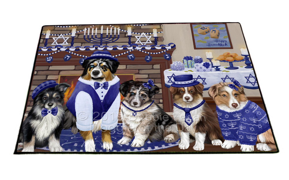 Happy Hanukkah Family and Happy Hanukkah Both Australian Shepherd Dogs Floormat FLMS54023