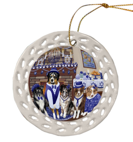 Happy Hanukkah Family Australian Shepherd Dogs Doily Ornament DPOR57945