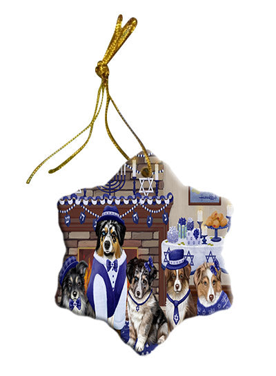 Happy Hanukkah Family Australian Shepherd Dogs Star Porcelain Ornament SPOR57587