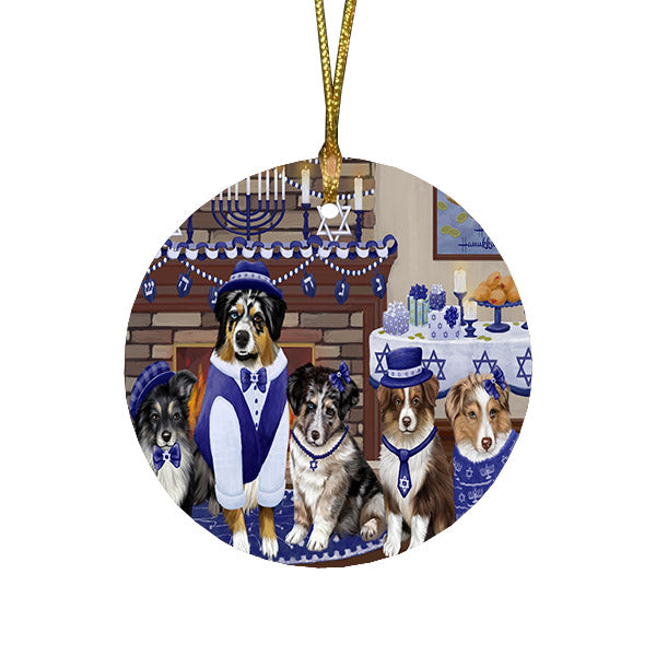 Happy Hanukkah Family and Happy Hanukkah Both Australian Shepherd Dogs Round Flat Christmas Ornament RFPOR57491