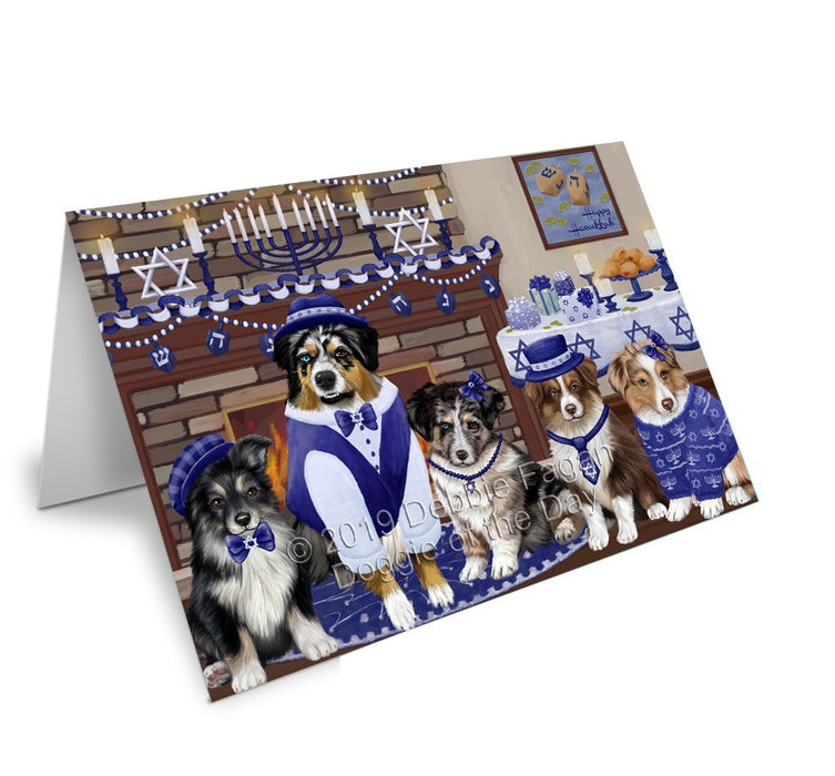 Happy Hanukkah Family Australian Shepherd Dogs Handmade Artwork Assorted Pets Greeting Cards and Note Cards with Envelopes for All Occasions and Holiday Seasons GCD78107