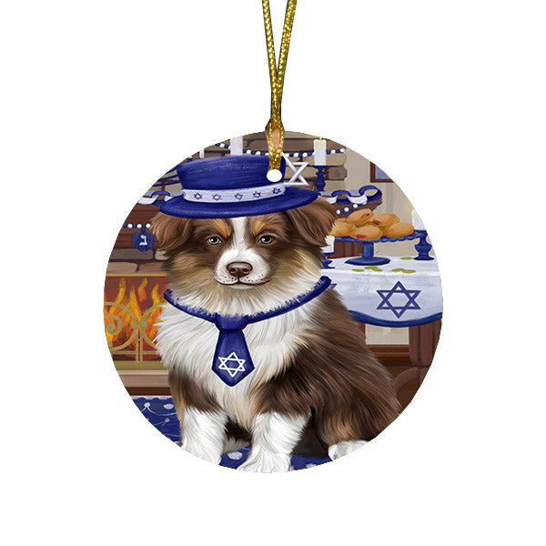 Happy Hanukkah Family and Happy Hanukkah Both Australian Shepherd Dog Round Flat Christmas Ornament RFPOR57547