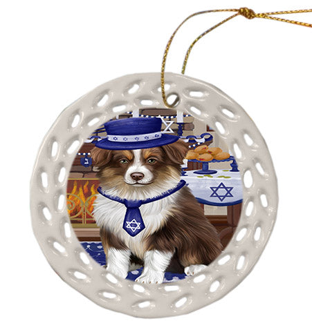 Happy Hanukkah Australian Shepherd Dog Ceramic Doily Ornament DPOR57643