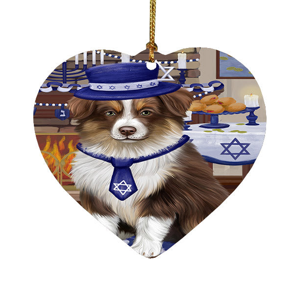 Happy Hanukkah Australian Shepherd Dog Heart Christmas Ornament HPOR57643