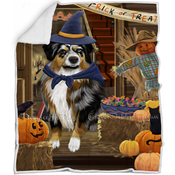 Enter at Own Risk Trick or Treat Halloween Australian Shepherd Dog Blanket BLNKT94017