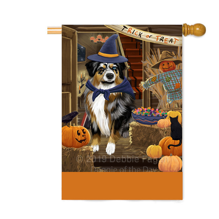 Personalized Enter at Own Risk Trick or Treat Halloween Australian Shepherd Dog Custom House Flag FLG-DOTD-A59492