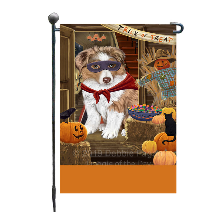 Personalized Enter at Own Risk Trick or Treat Halloween Australian Shepherd Dog Custom Garden Flags GFLG-DOTD-A59438