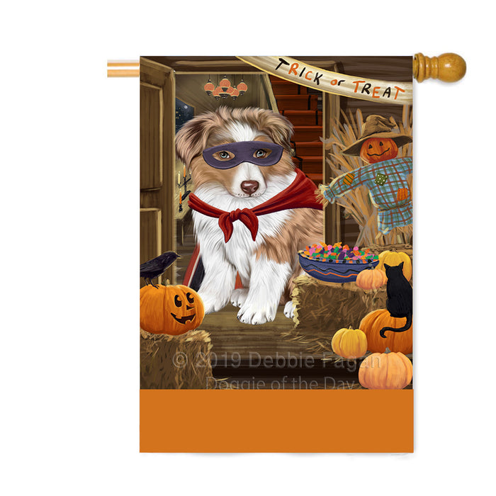 Personalized Enter at Own Risk Trick or Treat Halloween Australian Shepherd Dog Custom House Flag FLG-DOTD-A59494