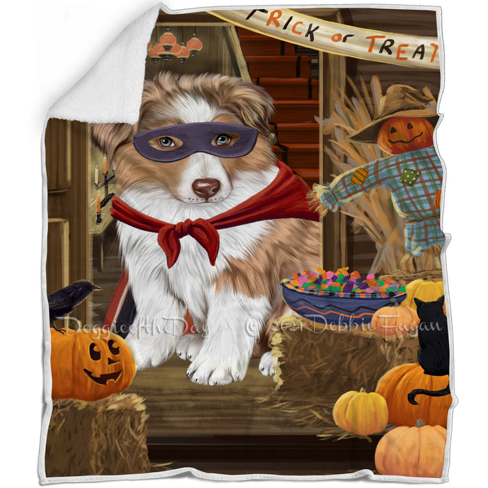 Enter at Own Risk Trick or Treat Halloween Australian Shepherd Dog Blanket BLNKT94026