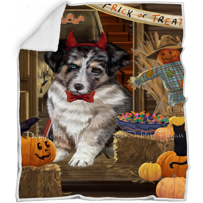 Enter at Own Risk Trick or Treat Halloween Australian Shepherd Dog Blanket BLNKT94044