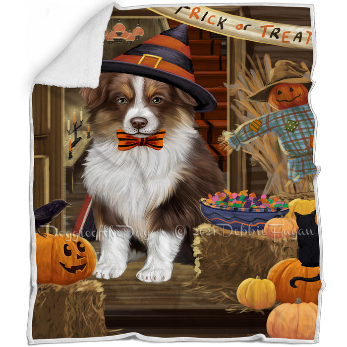 Enter at Own Risk Trick or Treat Halloween Australian Shepherd Dog Blanket BLNKT94053