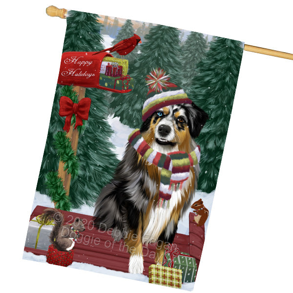 Christmas Woodland Sled Australian Shepherd Dog House Flag Outdoor Decorative Double Sided Pet Portrait Weather Resistant Premium Quality Animal Printed Home Decorative Flags 100% Polyester FLG69531
