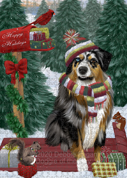 Christmas Woodland Sled Australian Shepherd Dog Portrait Jigsaw Puzzle for Adults Animal Interlocking Puzzle Game Unique Gift for Dog Lover's with Metal Tin Box PZL854