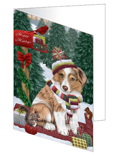 Christmas Woodland Sled Australian Shepherd Dog Handmade Artwork Assorted Pets Greeting Cards and Note Cards with Envelopes for All Occasions and Holiday Seasons