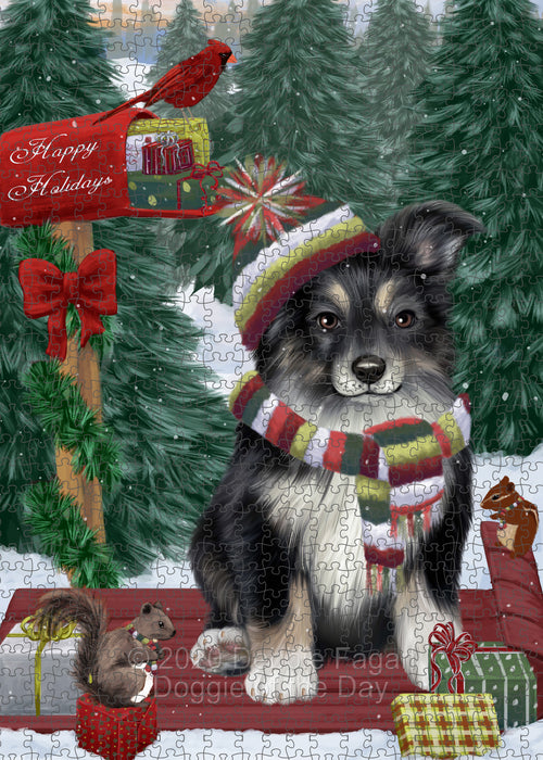 Christmas Woodland Sled Australian Shepherd Dog Portrait Jigsaw Puzzle for Adults Animal Interlocking Puzzle Game Unique Gift for Dog Lover's with Metal Tin Box PZL855