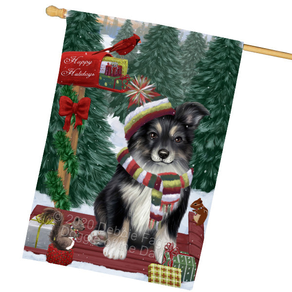 Christmas Woodland Sled Australian Shepherd Dog House Flag Outdoor Decorative Double Sided Pet Portrait Weather Resistant Premium Quality Animal Printed Home Decorative Flags 100% Polyester FLG69532