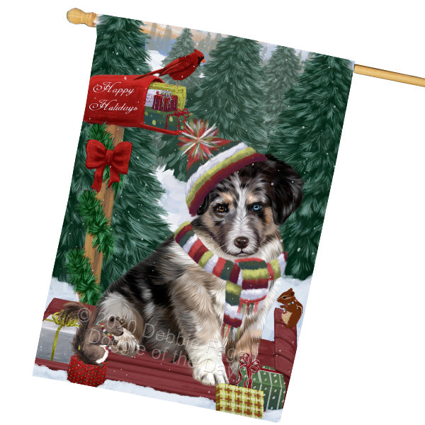 Christmas Woodland Sled Australian Shepherd Dog House Flag Outdoor Decorative Double Sided Pet Portrait Weather Resistant Premium Quality Animal Printed Home Decorative Flags 100% Polyester FLG69534