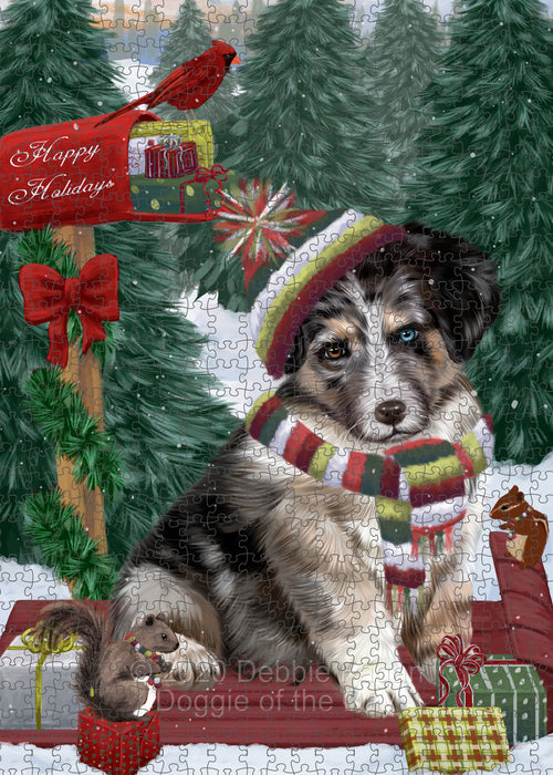 Christmas Woodland Sled Australian Shepherd Dog Portrait Jigsaw Puzzle for Adults Animal Interlocking Puzzle Game Unique Gift for Dog Lover's with Metal Tin Box PZL857