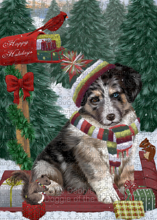 Christmas Woodland Sled Australian Shepherd Dog Portrait Jigsaw Puzzle for Adults Animal Interlocking Puzzle Game Unique Gift for Dog Lover's with Metal Tin Box PZL856