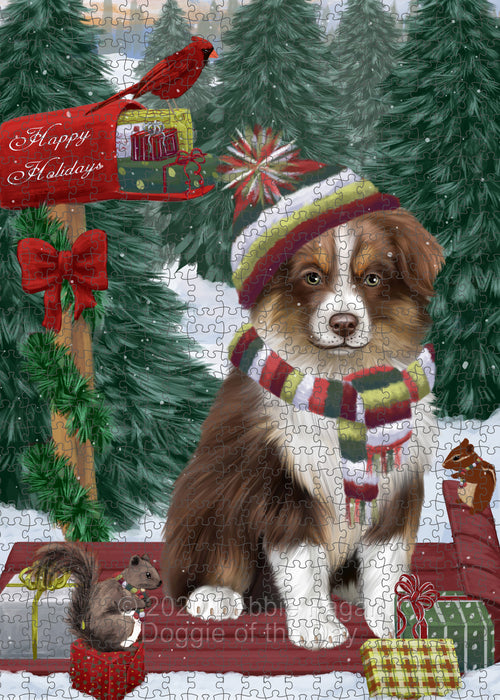 Christmas Woodland Sled Australian Shepherd Dog Portrait Jigsaw Puzzle for Adults Animal Interlocking Puzzle Game Unique Gift for Dog Lover's with Metal Tin Box PZL858