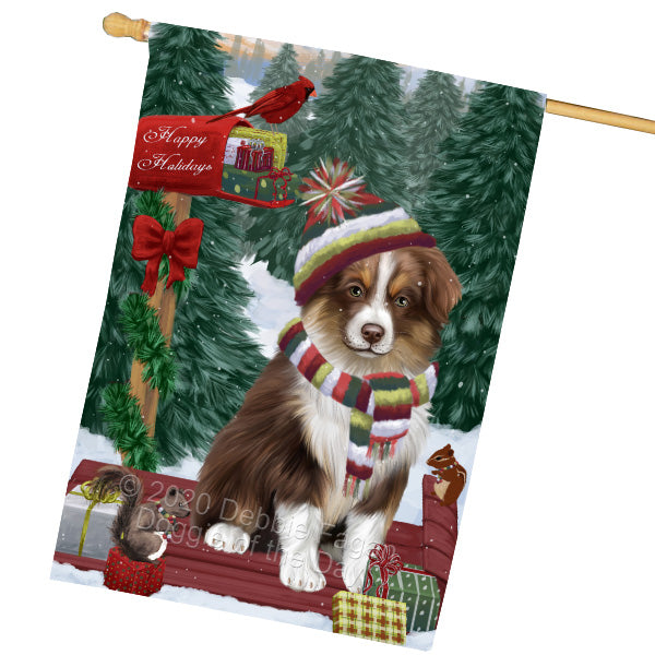 Christmas Woodland Sled Australian Shepherd Dog House Flag Outdoor Decorative Double Sided Pet Portrait Weather Resistant Premium Quality Animal Printed Home Decorative Flags 100% Polyester FLG69535