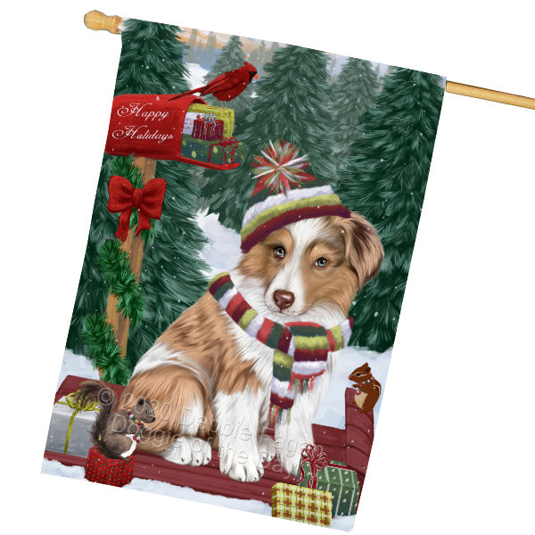 Christmas Woodland Sled Australian Shepherd Dog House Flag Outdoor Decorative Double Sided Pet Portrait Weather Resistant Premium Quality Animal Printed Home Decorative Flags 100% Polyester FLG69536