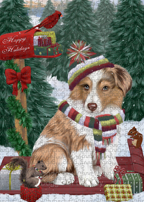 Christmas Woodland Sled Australian Shepherd Dog Portrait Jigsaw Puzzle for Adults Animal Interlocking Puzzle Game Unique Gift for Dog Lover's with Metal Tin Box PZL859