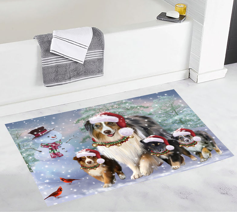 Christmas Running Fammily Australian Shepherd Dogs Bath Mat