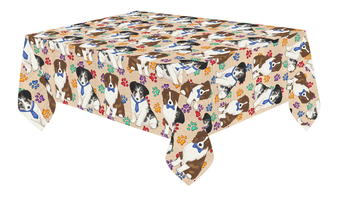 Rainbow Paw Print Australian Shepherd Dogs Blue Cotton Linen Tablecloth