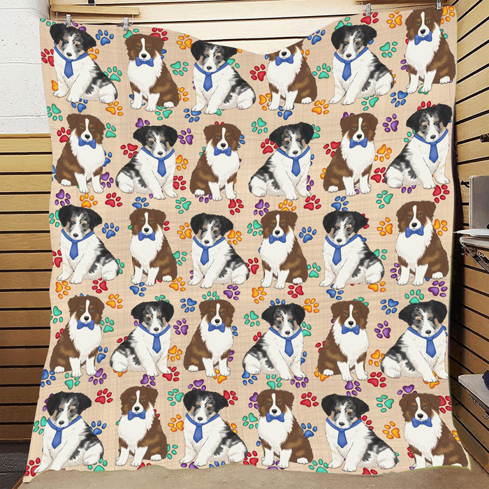 Rainbow Paw Print Australian Shepherd Dogs Blue Quilt