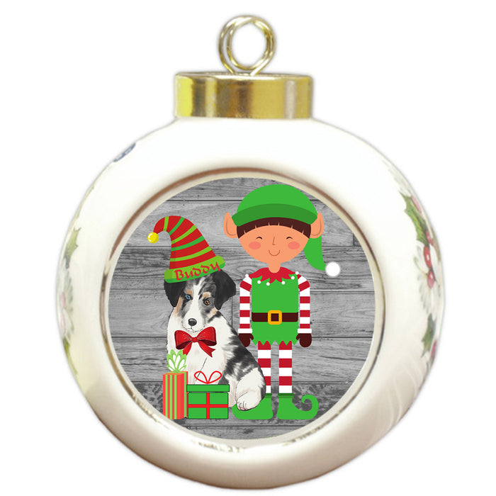 Custom Personalized Australian Shepherd Dog Elfie and Presents Christmas Round Ball Ornament