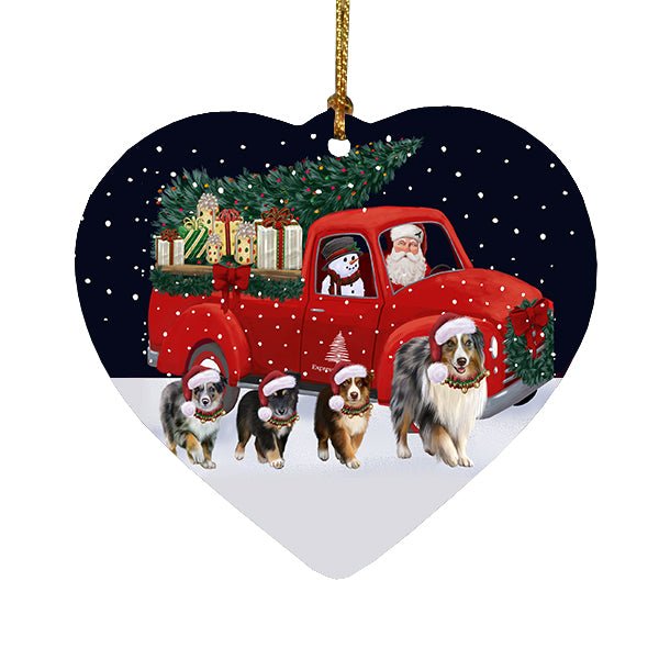 Christmas Express Delivery Red Truck Running Australian Shepherd Dogs Heart Christmas Ornament RFPOR58064