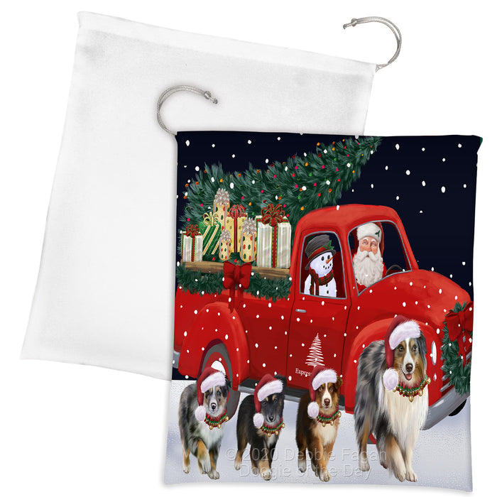 Christmas Express Delivery Red Truck Running Australian Shepherd Dogs Drawstring Laundry or Gift Bag LGB48873