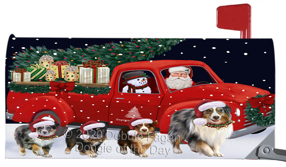 Christmas Express Delivery Red Truck Running Australian Shepherd Dog Magnetic Mailbox Cover Both Sides Pet Theme Printed Decorative Letter Box Wrap Case Postbox Thick Magnetic Vinyl Material