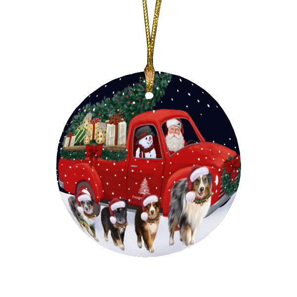 Christmas Express Delivery Red Truck Running Australian Shepherd Dogs Round Flat Christmas Ornament RFPOR57722