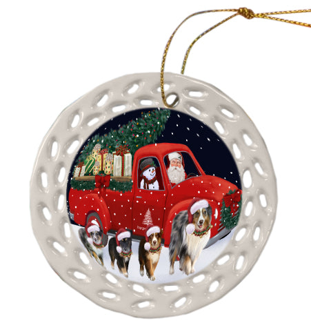 Christmas Express Delivery Red Truck Running Australian Shepherd Dog Doily Ornament DPOR59239